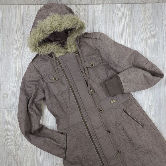 Vintage Billabong Women’s Medium Gray Long Overcoat Jacket Fur Hooded - Picture 2 of 10